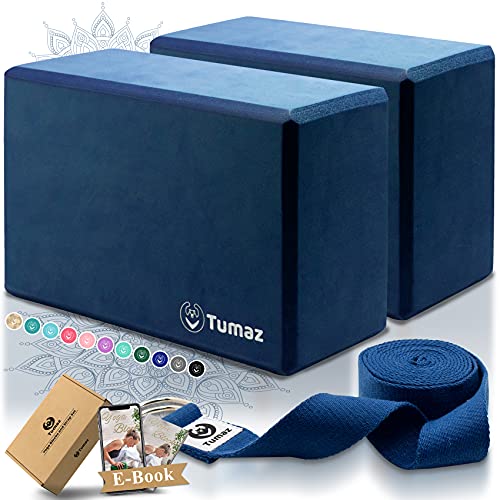 Tumaz Yoga Blocks 2 Pack with Strap Set, High Density/Lightweight EVA Foam Yoga Blocks or Non-Slip Solid Natural Cork Yoga Blocks & Premium 8F Yoga Strap Set for Yogi [Instruction E-Book Included]