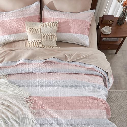 Image of Andency Pink Quilt Queen(90x96Inch), 3 Pieces (1 Striped Quilt and 2 Pillowcases) Patchwork Striped Bedspread Coverlet Set, Soft Lightweight All Season Quilted Bedding Set