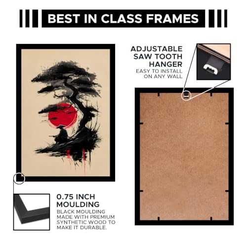 Image of Samurai & Bonsai Premium Framed Wall Poster (12x18 Inch) | Japanese Warrior & Red Sun Wall Art | Zen Asian Decor for Bedroom, Living Room, Office & Workspace | Ready-to-Hang Display Frame