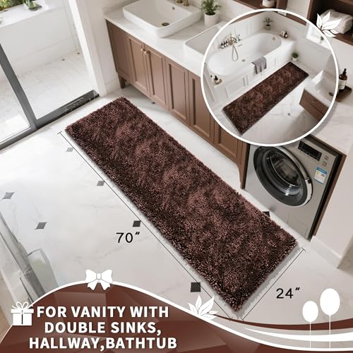 Image of Yimobra Long Bathroom Rugs Runner 70x24 Inch, Extra Thick Soft Absorbent Chenille Bath Mat, Non Slip Machine Washable, Quick Dry Bath Rugs for Bathroom Floor, Tub and Shower, Brown