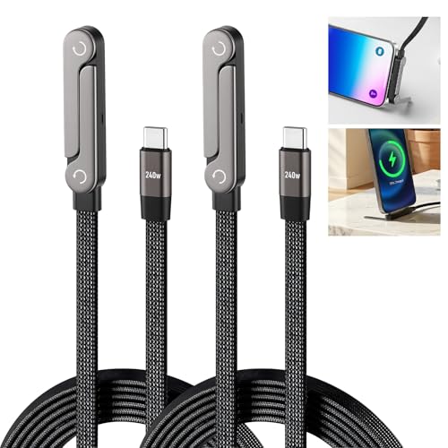 HISUEKIG 2 Stück 2-in-1 Ladekabel mit Ständer 240W USB C Seitliches Ladekabel mit Faltbar Telefonständer Mehrfach Verstellbar 1.5 m Schnellladekabel für Smartphones Tablets und Laptops