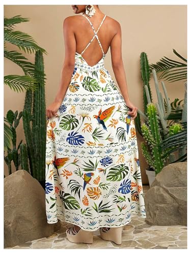 Image of SHENHE Women's Summer Tropical Sundress Deep V Neck Criss Cross Backless Flowy Maxi Dress