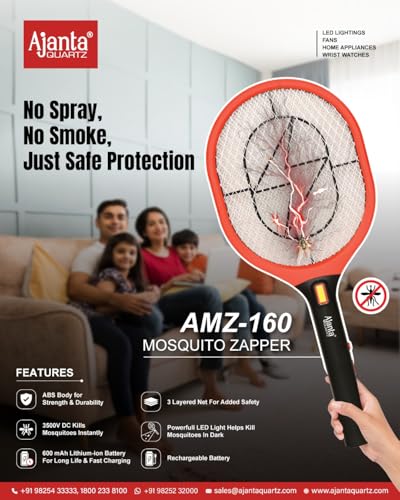 Image of Ajanta Quartz AMZ-160 Rechargeable Mosquito Bat (Without Charger) | 3-Layered Safety Net | 3500V Instant Kill | LED Light | ABS Body | 600mAh Battery | Insect Killer Racket for Home & Outdoor Use