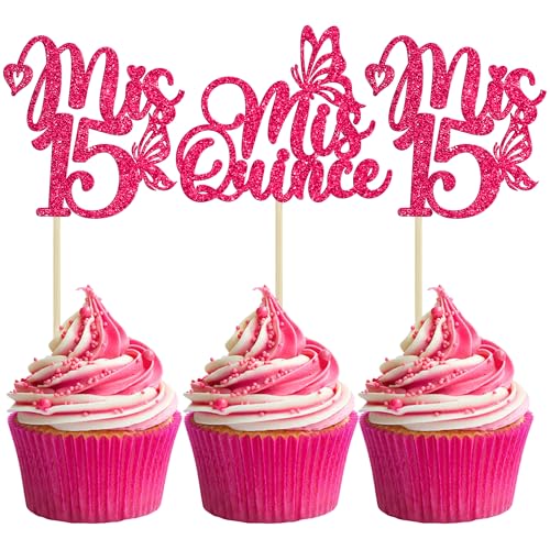 Gyufise 24Pcs Mis Quince 15 Cupcake Toppers Glitter 15th Birthday Cake Toppers Fifteen Dessert Decor Cheers to 15 Years Party Decorations Rose Red