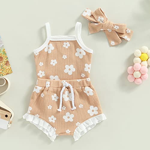 Mubineo Infant Baby Girl 3Pcs Summer Boho Rompers Outfits Bodysuit Shorts Clothes Headband Set (Khaki, 12-18 Months) #TOP7