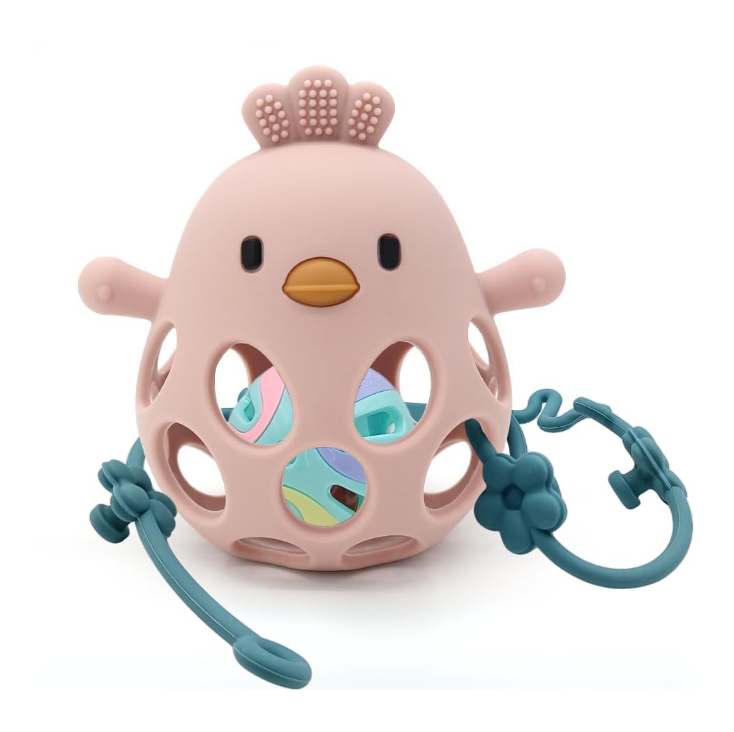 MME Mordedor Silicona Bebé, Mordedores Bebés 3-6meses, Mordedor Bebé 6-12 meses, Mordedor Bebé, Mordedor Sensorial, Sonajero Mordedor, Juguete Mordedor Bebé, Teething, Teether Baby (Rosa con bolita)