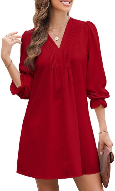 Dokotoo Womens Casual Dress A-Line Ruffle Sleeve V Neck Midi Dress 2024 Fashion Pleated Flowy Sundress Loose Shirt Dresses