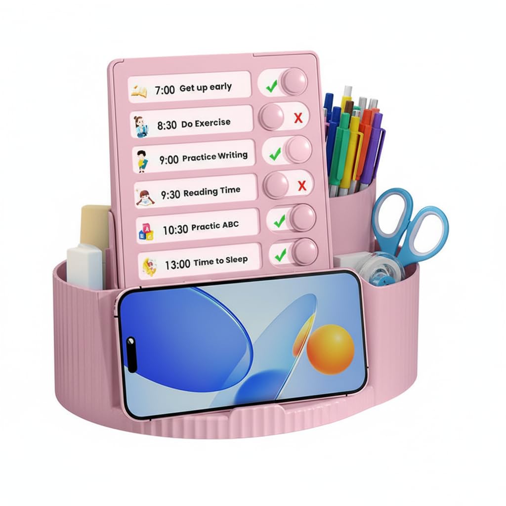 Jukusa Daily Schedule Organizer for Kids, Multi-Function Desk Station Caddy with Timetable, Checklist, and Phone Holder - Perfect for Homework, Playtime, and Routine Planning (Pink)