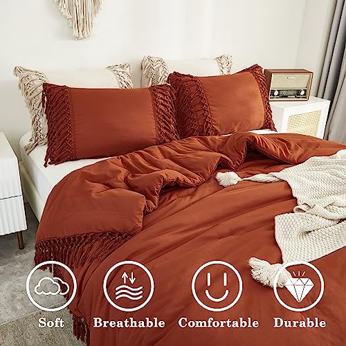 Image of Andency Burnt Orange Comforter Set California King, 3 Pieces Boho Cal King Tassel Lightweight Soft Bedding Comforter Sets, Oversized Bed Set (104x96In Comforter & 2 Pillowcases)