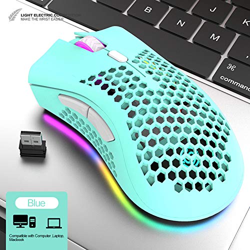 Image of HXMJ Rechargeable Wireless Honeycomb Gaming Mouse,Lightweight with 3200 DPI,RGB Rainbow Backlit-Blue