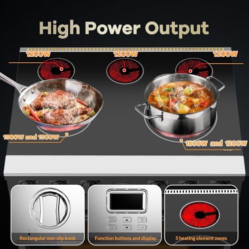 30'' Electric Range Oven with 4 Heating Elements Cooktop, Professional Convection Oven, 4.8 cu. ft Capacity, in Stainless Steel, Clock, Smooth Glass Top