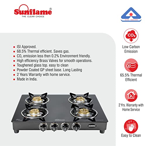 Compare Sunflame LPG STOVE GT 4B DIAMOND BK Stainless Steel, Glass Manual Gas Stove Price in