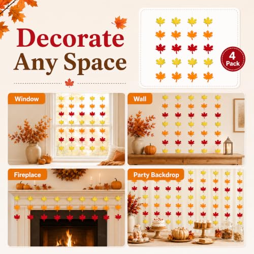 Image of Fall Decor - Maple Leaves Fall Garland for Thanksgiving Decorations | Red Orange Yellow Fall Leaves Hanging Banner - Thanksgiving Party Favors for Door Wall Home Doorway Backdrop Supplies Decor