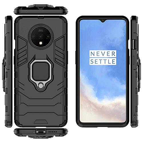 Image of WOW IMAGINE Shock Proof Back Case Mobile Cover for 1+ OnePlus 7T (Armor | Hybrid PC + TPU | Full Protection with Ring Holder Kickstand | Carbon Black)