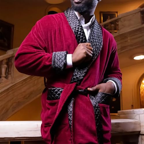 Men's Velvet Smoking Jacket Regular Fit Long Overcoat with Belt Prom Double Breasted Cigar Robe for Wedding Dinner2