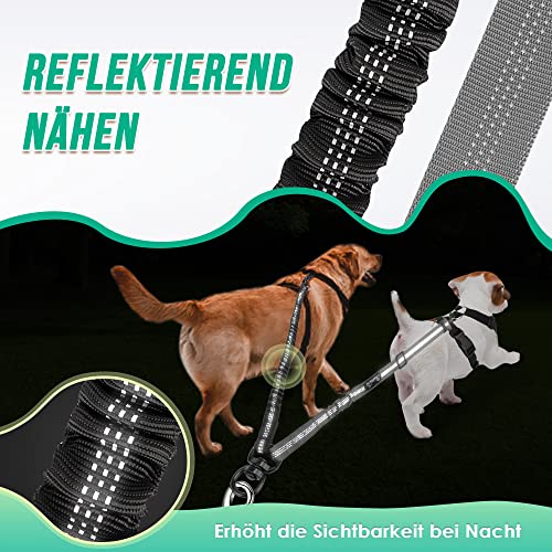 Eyein Doppelte Hundeleine, Verhedderungsfreie 360° drehbare Doppelleinen mit 2 Hunden, Verstellbare reflektierende Splitterleine für kleine mittelgroße und große Hunde, Schwarz & Grau, M