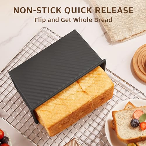 Image of KITESSENSU Carbon Steel Pullman Loaf Pan with Lid, 1 lb Dough Capacity, Black, Non-Stick, Bread and Toast | Nonstick Carbon Steel Japanese Milk Bread Loaf Pan, Square Toast Mold, Sandwich Bread, Sourdough Loaves & Homemade Bread
