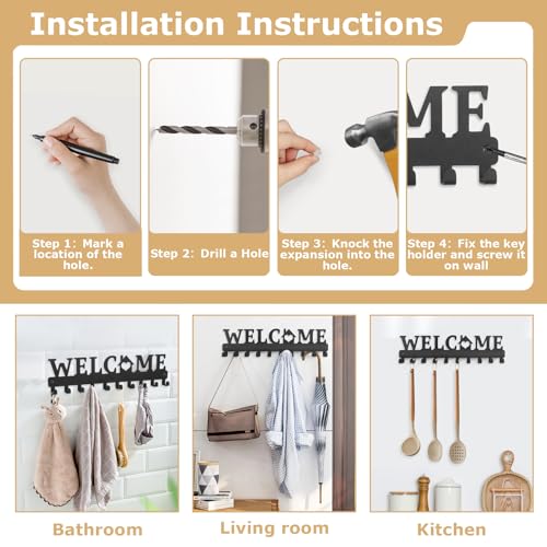 Minicoco Metal Key Holders, Key Hooks with Welcome Pattern, Sturdy Key Racks with 10 Hooks, Key Hangers for Home Decor Hallway Kitchen Office Wall Hanging Decoration - Cosy Home Interiors Minicoco Metal Key Holders, Key Hooks with Welcome Pattern, Sturdy Key Racks with 10 Hooks, Key Hangers for Home Decor Hallway Kitchen Office Wall Hanging Decoration - Image 5