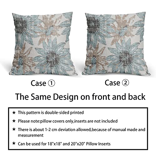 Housses de coussin lin bleu clair marron 50x50 déco florale rétro extérieur