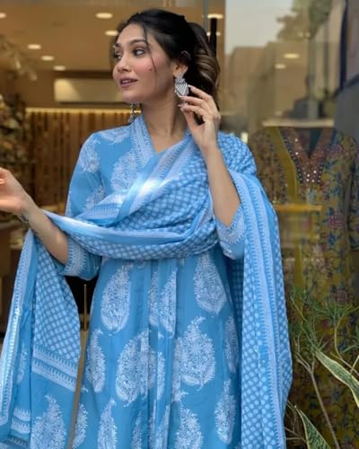 Image of PARTHVI Women's Rayon Blend Anarkali Printed Kurta with Pant & Dupatta & Dupatta