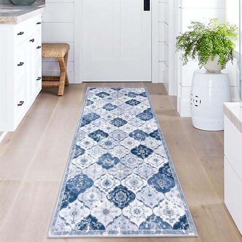 KILOCOCO 2x5 Runner Rug, Moroccan Super Soft Washable Hallway Runner Rug, Accent Print Faux Wool Kitchen Runner Rug 5 Feet Non-Slip Runners Boho Rug Runners for Laundry Room Bedroom, Blue/Grey/Multi