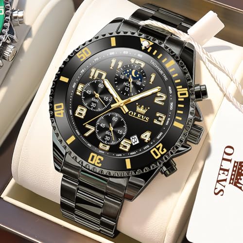 Image of Mens Watch Chronograph Easy Read Dial Black Luxury Wristwatch Stainless Steel Waterproof Luminous Business Watch