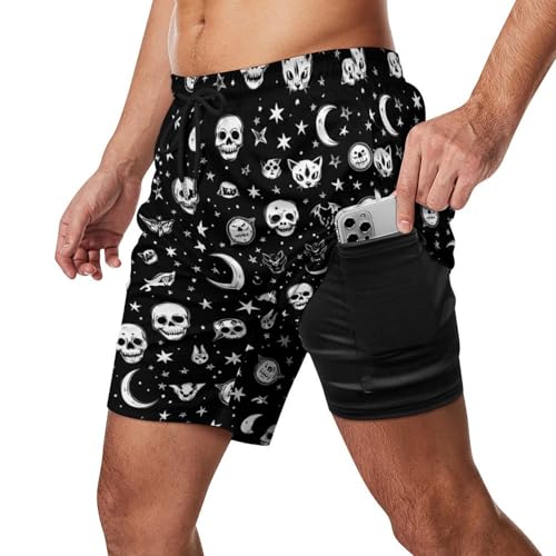 Skull Cat Moon Gothic Mens Swim Trunks Quick Dry Beach Shorts with Compression Liner and Pocket2