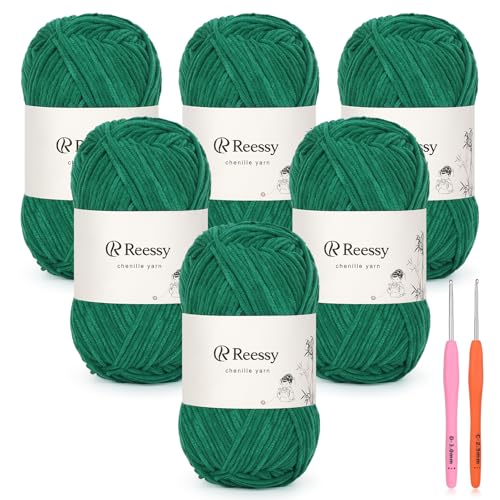 Image of Skinny Chenille Yarn for Crocheting - 6 Pack of 50g /1.76oz - Soft Thin Chenille Yarn - Baby Weights CYC #2, Gentle for Baby Blankets, Plush Toys & Wearables - 951yd Total (Forest Green)