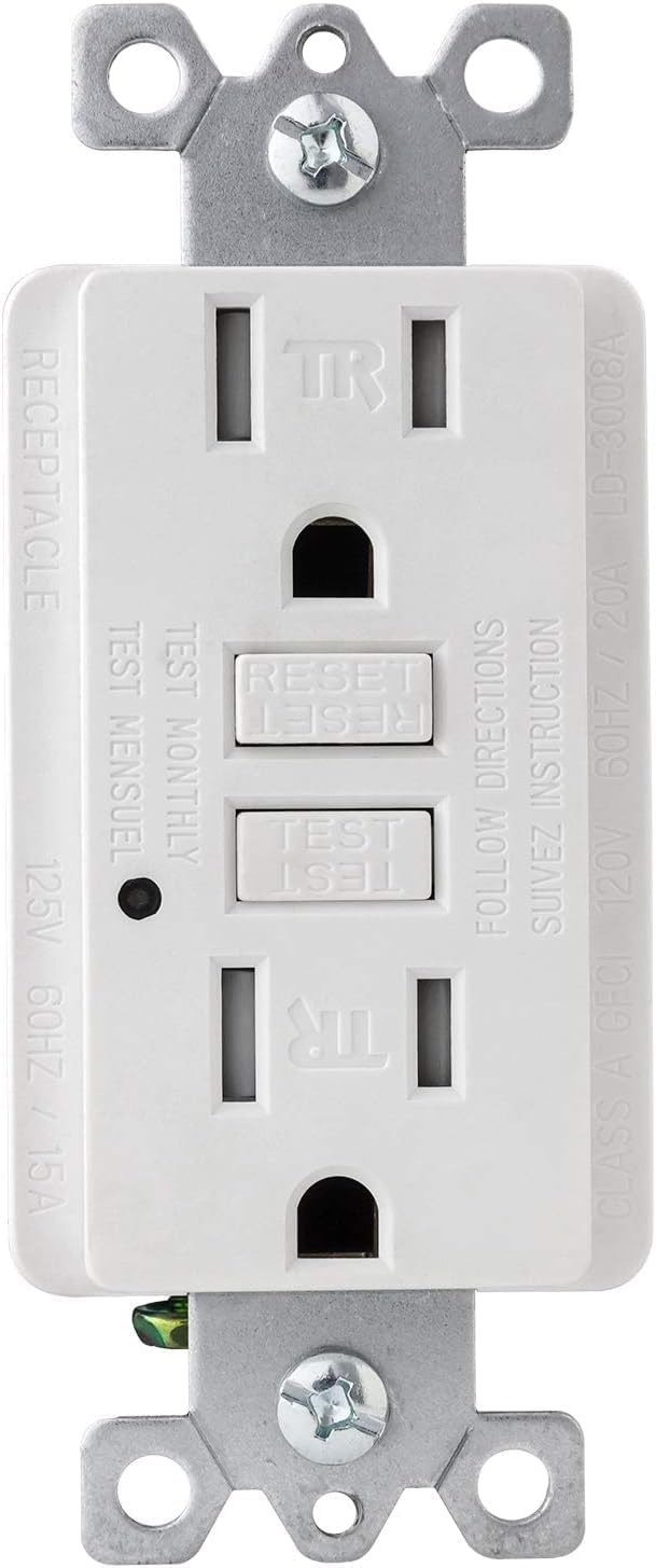 Sunlite 41441 E545 GFCI Duplex Outlet, 20 Amp, 120 VAC, 2 Pole/3 Wire, Tamper Resistant, Matching Wallplate Included, LED Indicator Light, ETL Listed, Self-Testing, White, 3 Pack
