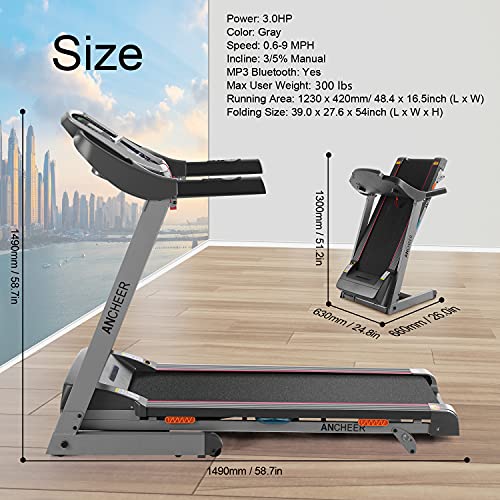 Caroma Folding Treadmill for Home with Incline, 3.0 HP Electric Treadmill 300 lb Capacity, 9 MPH Running Machine with Shock Absorber, Bluetooth Speaker 