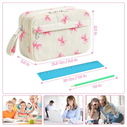 Image of WOBAGMEN Cute Pencil Case,Large Corduroy Zippered Pencil Case Pouch, aesthetic Pencil Bag with Compartments(Pink Bow Cute)