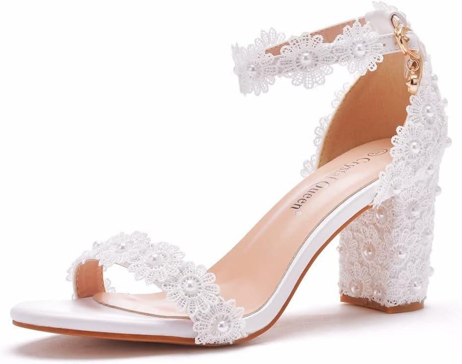 Chaussures de mariée en dentelle blanche et perles avec talons hauts de 7cm pour mariage