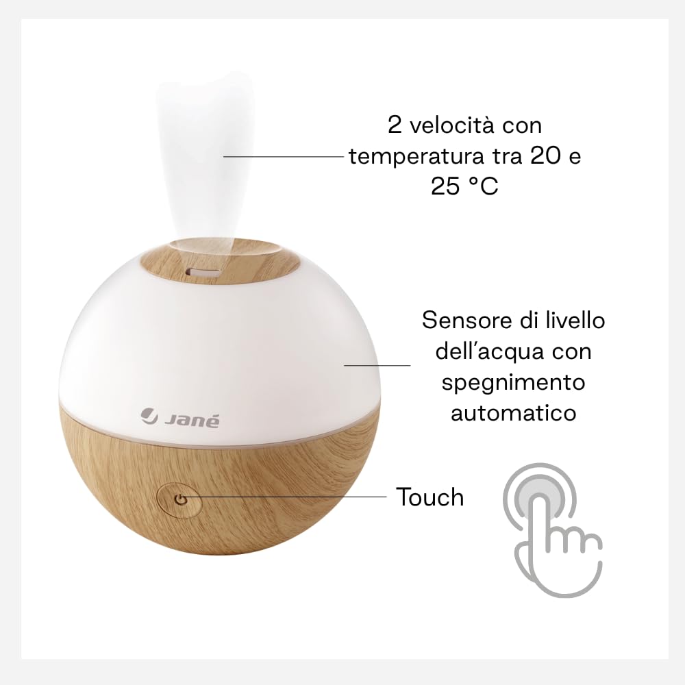 Jané Umidificatore Bambini Ultrasuoni con Luce, Diffusore Aromi, 2 Velocità, Vapore Freddo, Spegnimento Automatico, 360°, Legno
