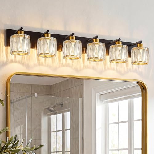 VOLISUN Crystal Vanity Lights for Bathrooms 6 Light Bathroom Vanity Light Black and Gold Bathroom Light Over Mirror Modern Bathrooms Lights Fixtures-UL Certificated(Exclude Bulb)