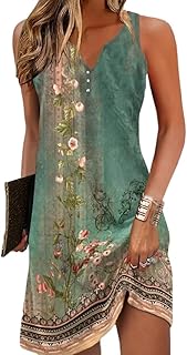 ROFUSSO Women's Summer Dresses Boho Beach Dress Casual Sleeveless Tank Dress Elegant Bohemian Strappy Dress V-Neck Flowers Mini Dress S-2XL