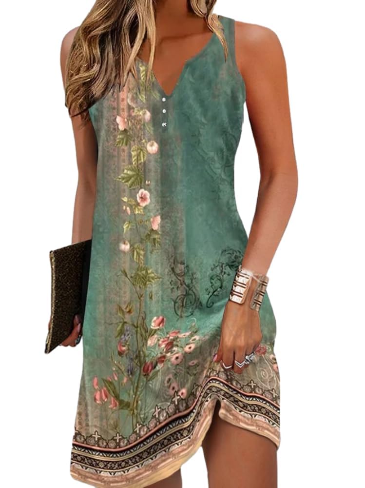ROFUSSO Vestidos de Verano para Mujer Boho Beach Dress Vestido Casual Sin Mangas Elegante Vestido Bohemio de Tirantes Cuello en V Flor Mini Vestido S-2XL