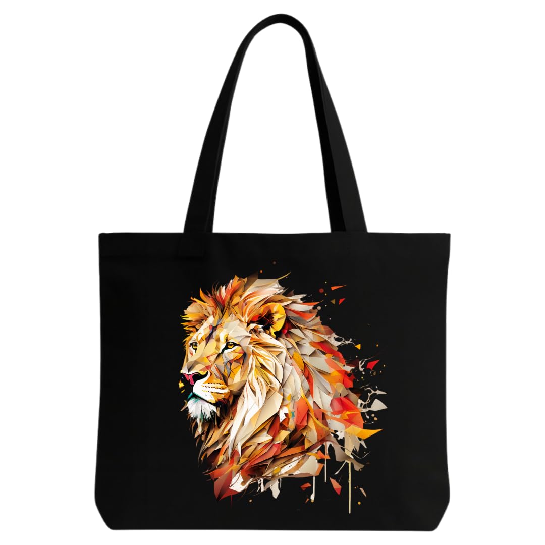 Printed Tote Bag with Artistic Lion Design, Black Canvas Shoulder Bag for Women, Spacious Lightweight Tote with Reinforced Handles