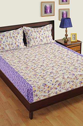 Image of Swayam Pure Cotton King Bedsheet with 2 Pillow Covers | Size 108 x 108 inch | 160 TC | Floral Design | Soft Breathable Bed Sheet | Comfortable & Durable for Bedroom - Cream & Purple