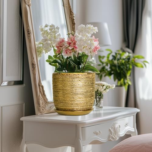 SUNPOTFOR 8 Inch Plant Pot - Modern Round Ceramic Planter for Indoor Plants with Drainage Hole and Saucer, Home House Office Room Decor, Gold - 4