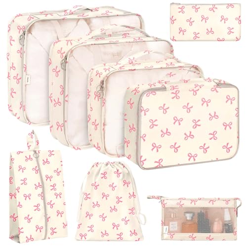 KPX 8 Set Packing Cubes for Travel, Luggage Packing Organizers Accessories Large Toiletries Bag for Clothes Shoes Cosmetics (8Set-Pink Bow)