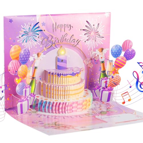 Pop Up Birthday Card Musical and Fireworks Lights, Blowable Candle Musical 3D Pop Up Happy Birthday Greeting Card Unique Personalised Gifts for Women Girl Her Sister Wife Mum 21st 30th 40th 50th 60th