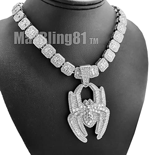 Silver plated Large SPIDER Icy Charm Pendant & 12mm 16" 18" 20" Iced Baguette Stone Chain Hip Hop Jewelry Bling Fashion Necklace3