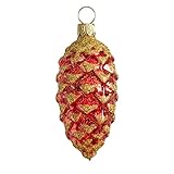 christbaumschmuck tannenzapfen selber machen glänzend Rot Thüringer Weihnacht, rot glänzend, Goldglimmer-Dekor, 3 Stück Christbaumschmuck aus Glas, Tannenzapfen, 8 x 4 x 4 cm, 3-Einheiten