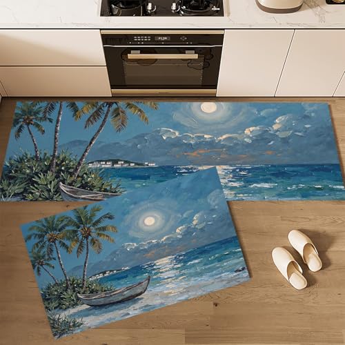 Tapis de cuisine antidérapants pleine lune plage lot de 2