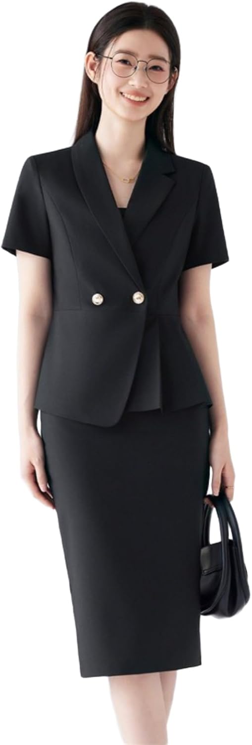 Short Sleeve Lightweight Blazer Set Women's Summer Office Uniform Workwear