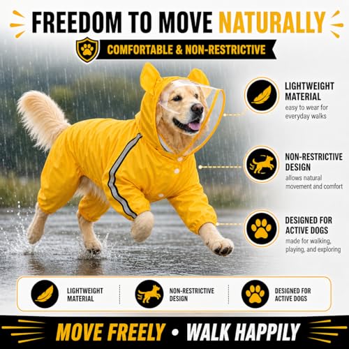 Image of Full Body Dog Raincoat with Hood & Transparent Face Shield | Waterproof Pet Rain Suit with Leash Hole & Reflective Strip | Adjustable Rain Jacket | All Weather Protection Rainwear (Small)