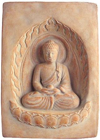 Buddha Cast Stone Garden Wall Plaque - Indoor/Outdoor, Made in USA, 8.75" Natural Color with Aged Patina