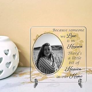 Pixie's Gifts Personalised 'Because Someone We Love Is In Heaven' Freestanding Acrylic or MDF Photo Plaque - Handcrafted Memorial Gift with Custom Picture Bereavement Gift Plaque (Mini Square)