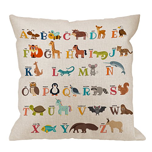 HGOD DESIGNS Alphabet Pillow Cover,Decorative Throw Pillow Alphabet Cute Zoo with Animals Pillow Cases Cotton Linen Outdoor Indoor Square Cushion Covers for Home Sofa Couch 18x18 inch Colorful