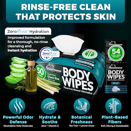 Image of XL Body Wipes for Men - Deep Clean - No Rinse Camping & Gym Wipes - 100 Ct | Extra-Thick 60 GSM Viscose Cloth, Stays Moist Hiking & Hunting, Tea Tree & Lemongrass, PHA & Zinc Odor Control, 10x11.5 in